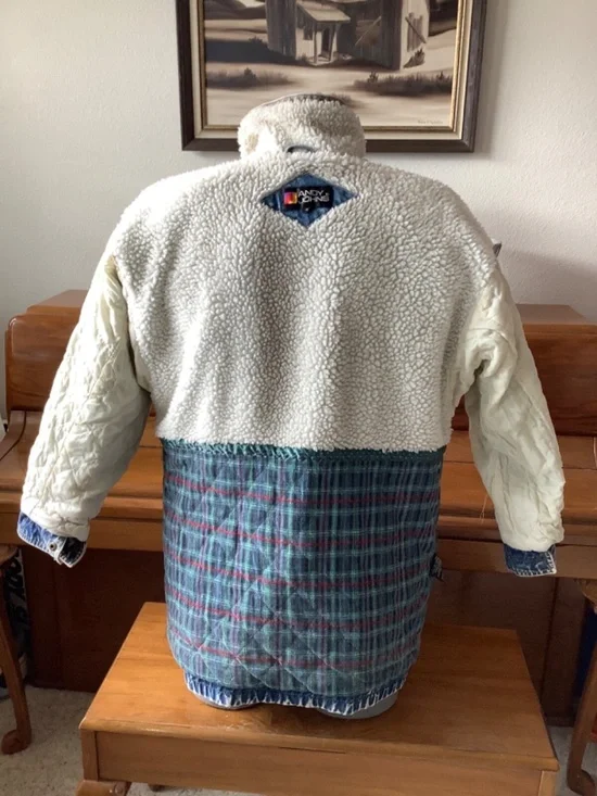 Vintage Andy Johns Woman’s ACID WASH Denim JACKET Size Medium Sherpa CHORE COAT - Picture 9 of 13